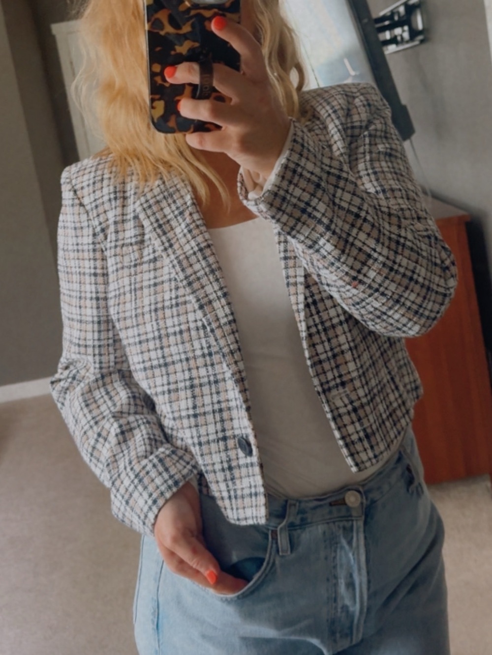 Abercrombie & Fitch Cropped Tweed Blazer, Light Blue